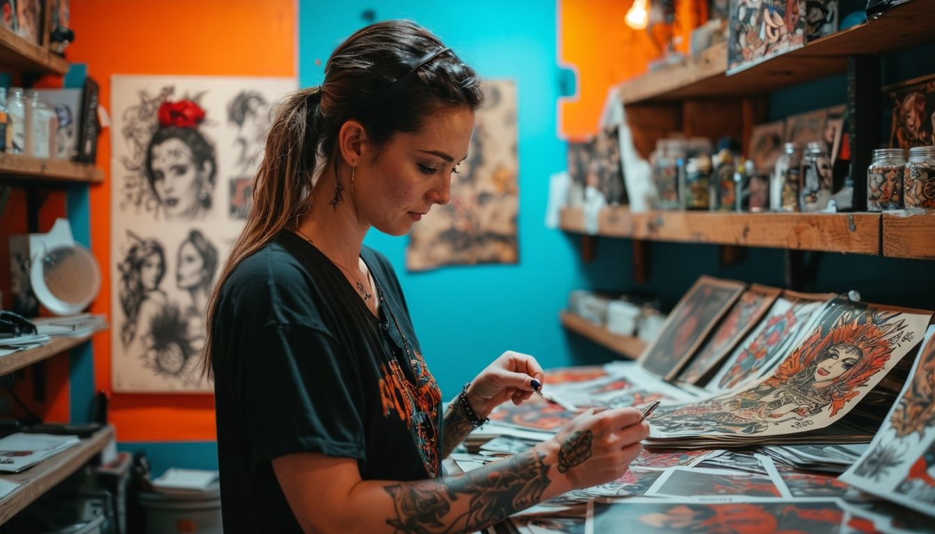 A woman in her 30s reviewing tattoo advertising materials in a cluttered studio.