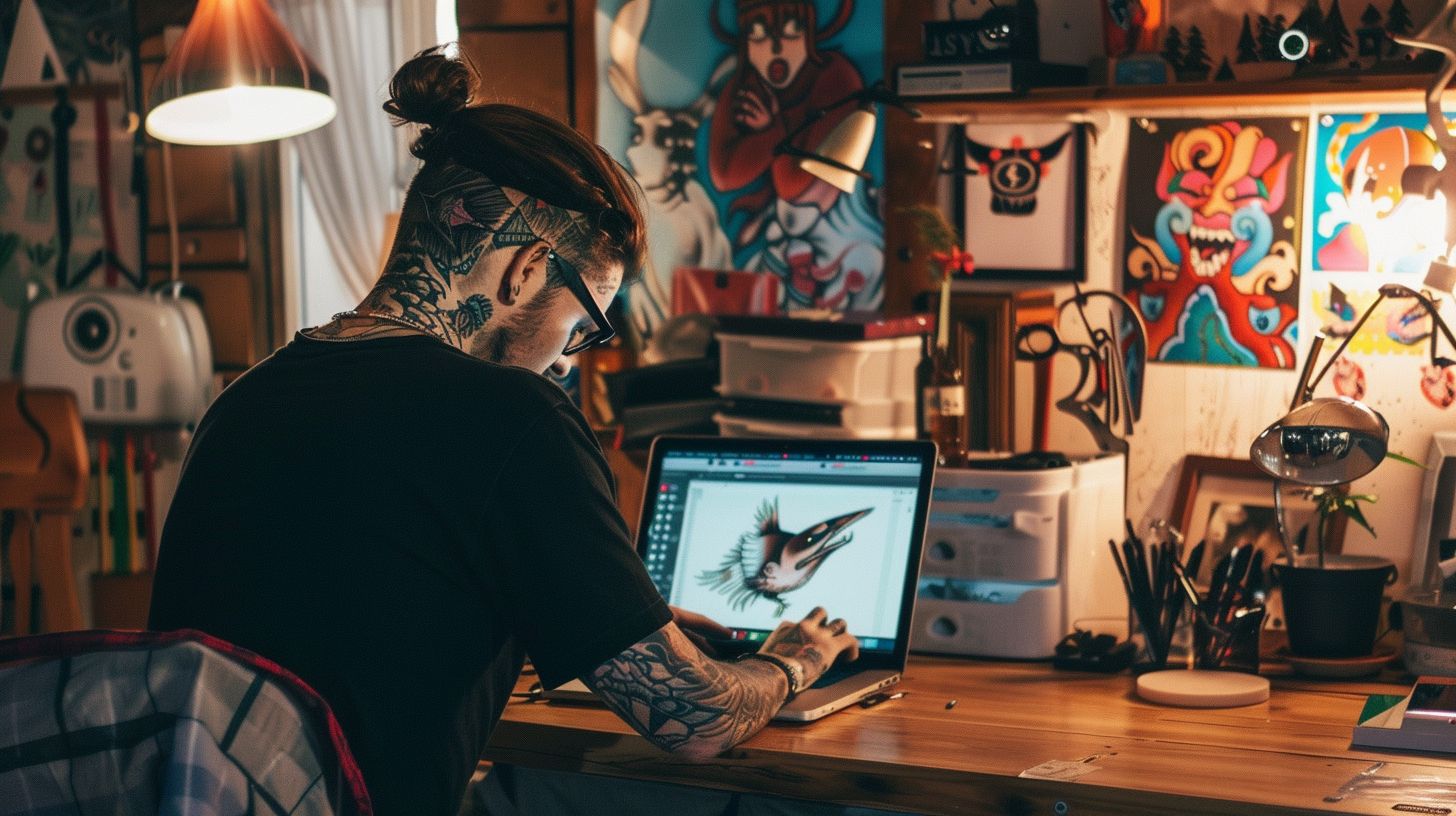 A tattoo artist working in their studio surrounded by vibrant designs and tools.