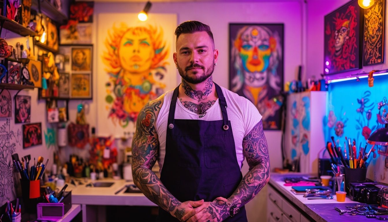 A tattoo artist in their 30s proudly standing outside their new studio.