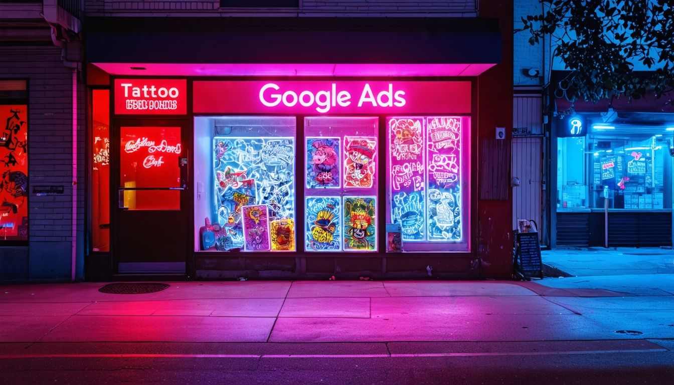 A tattoo shop's storefront at night with Google Ads logo.