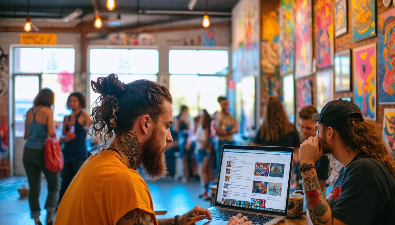 A tattoo artist showcases artwork in a modern studio with diverse clientele.