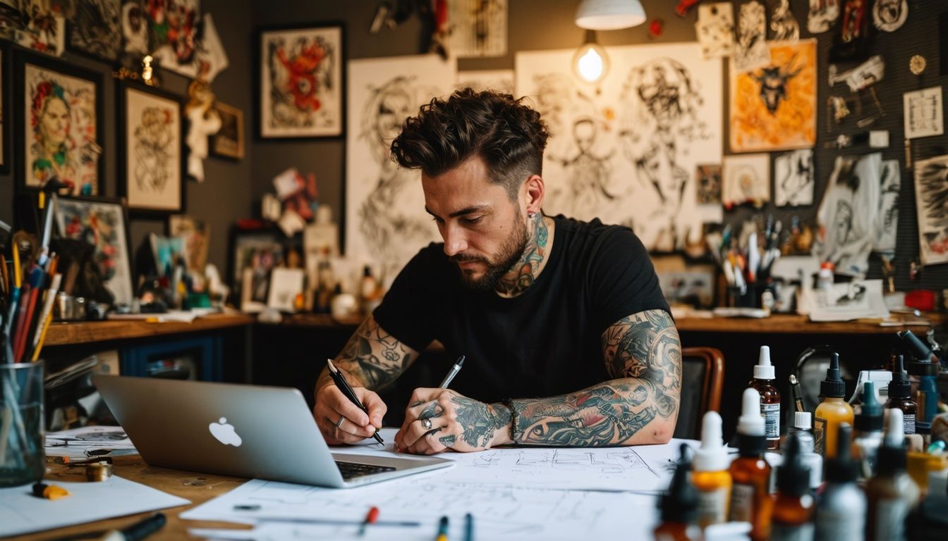 A male tattoo artist is working on a business plan.
