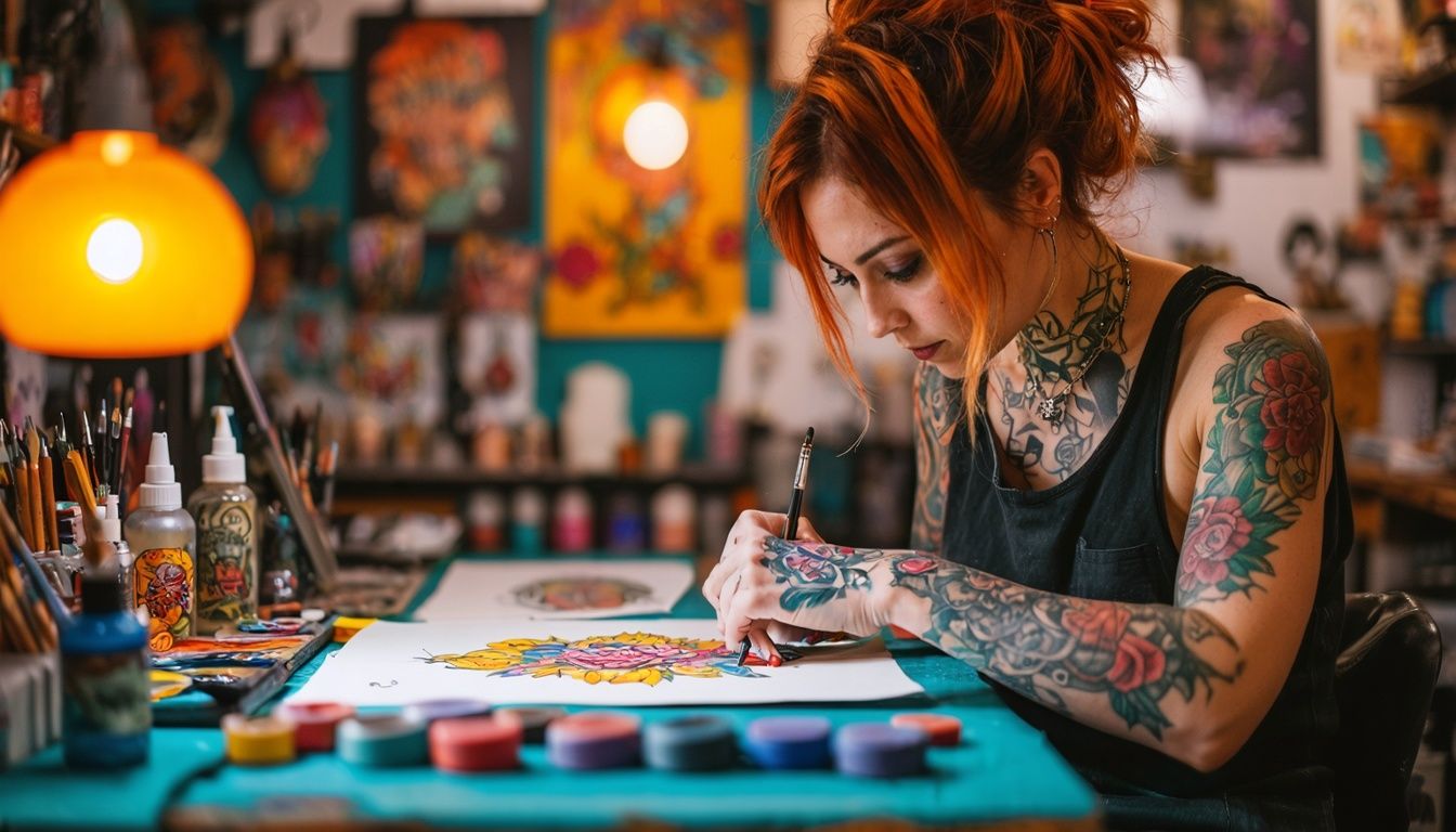 A female tattoo artist creating vibrant designs in her eclectic studio.