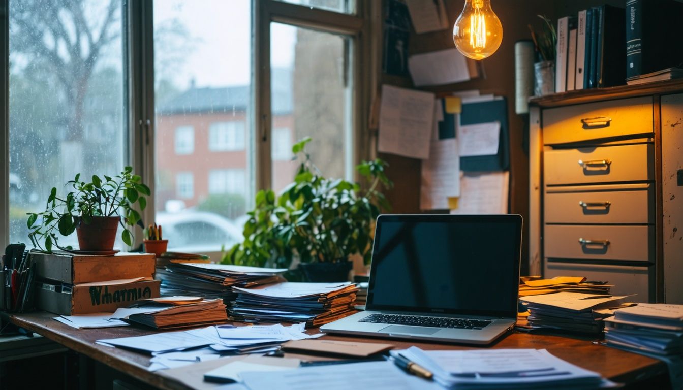 A cluttered desk in a dimly lit room reflects the challenges of starting a new business.