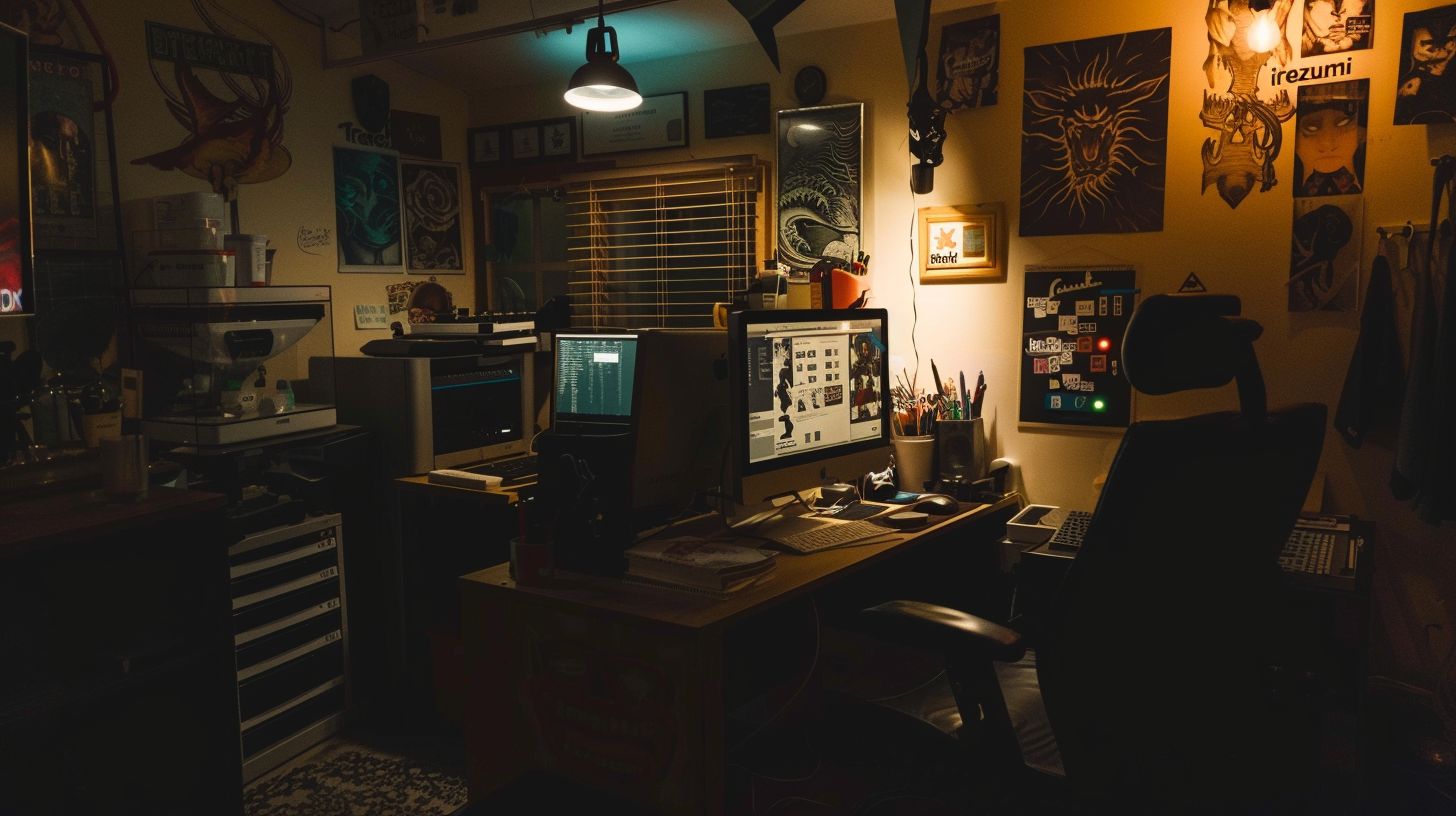A dimly lit tattoo studio displays a digital marketing campaign on a computer screen.