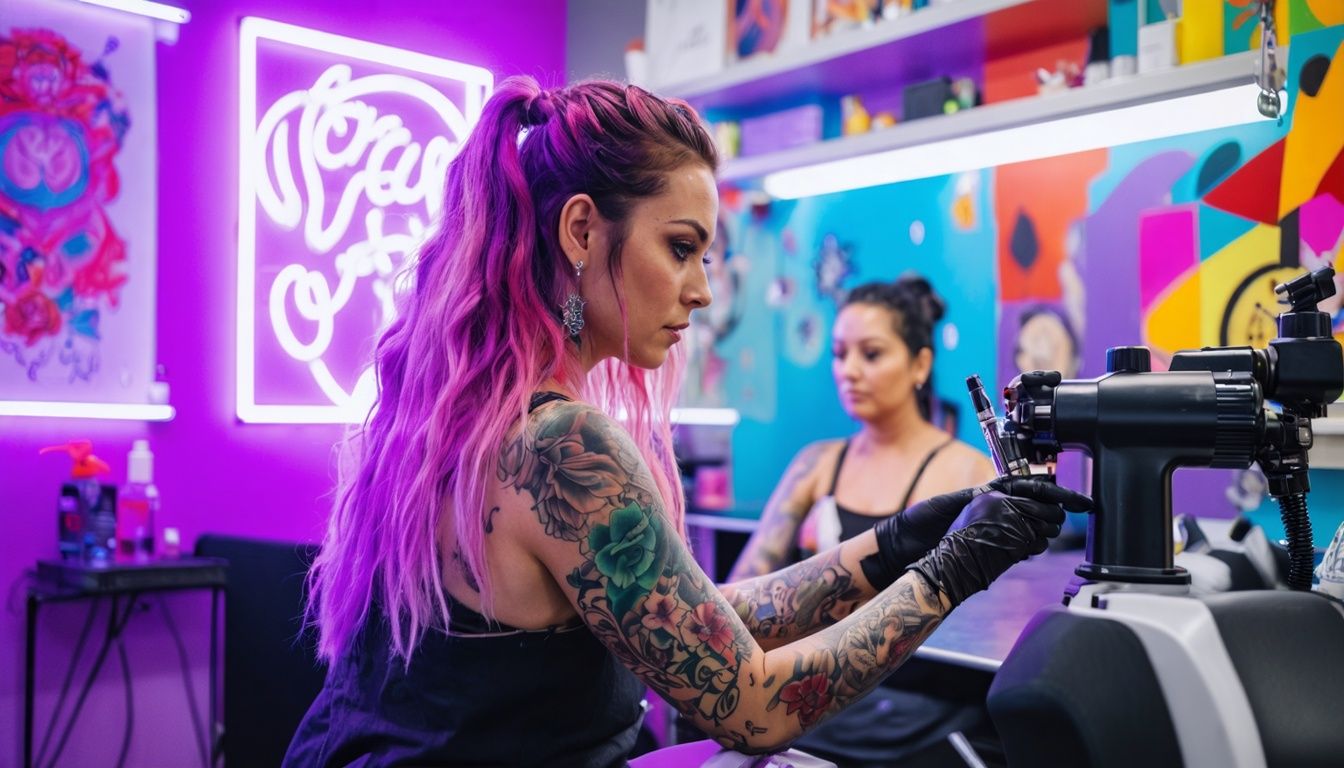 A tattoo artist creates in a vibrant studio with diverse clientele.