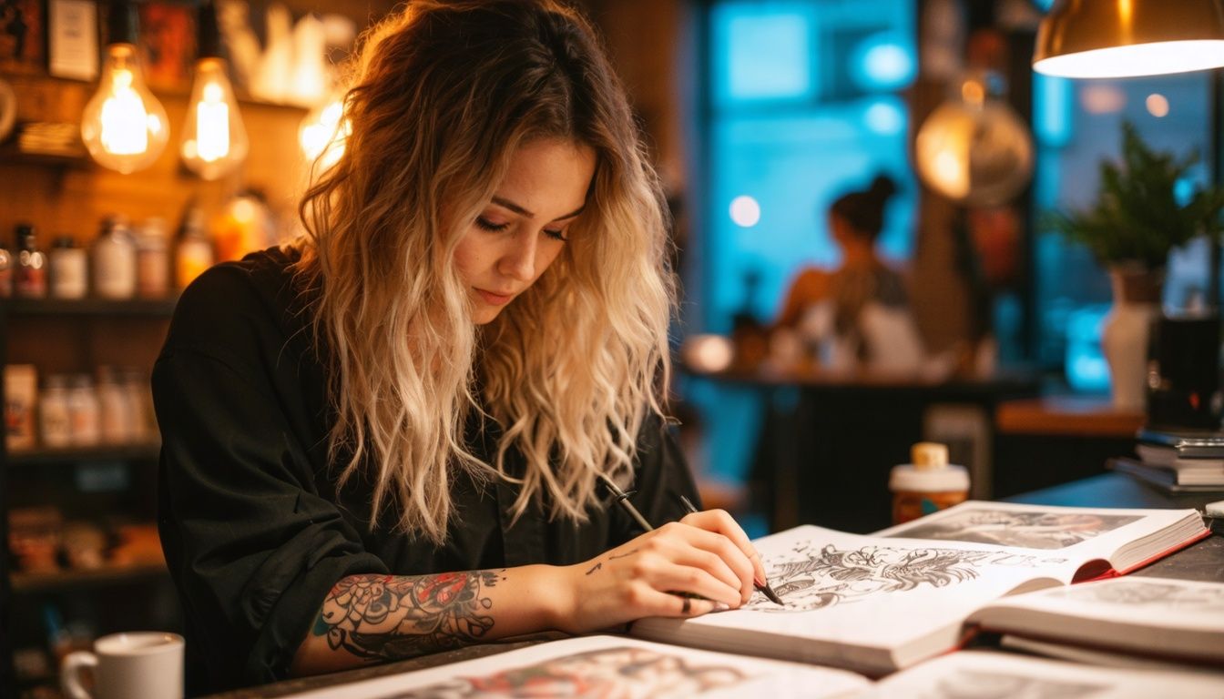 A 25-year-old woman browsing tattoo designs in a modern studio.