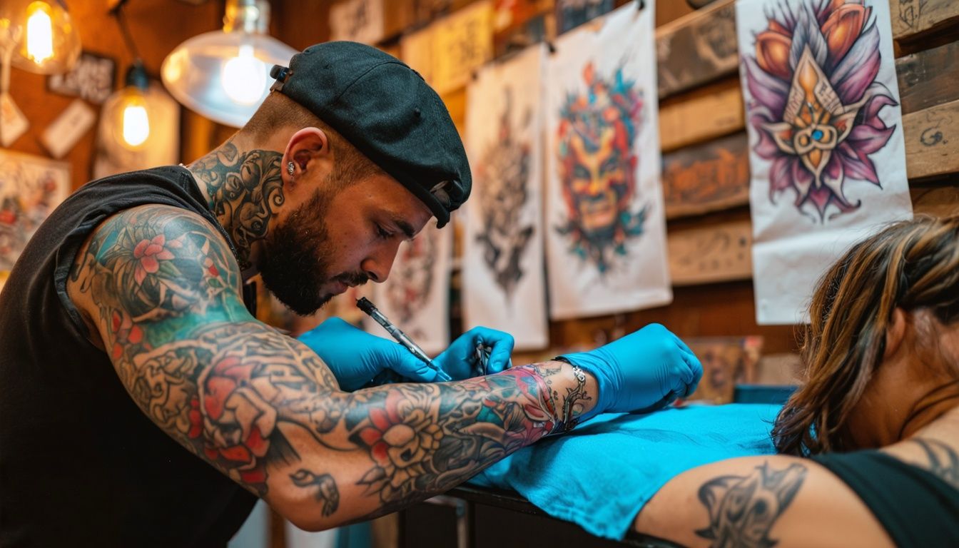 A tattoo artist creating a colorful sleeve tattoo in a busy studio.
