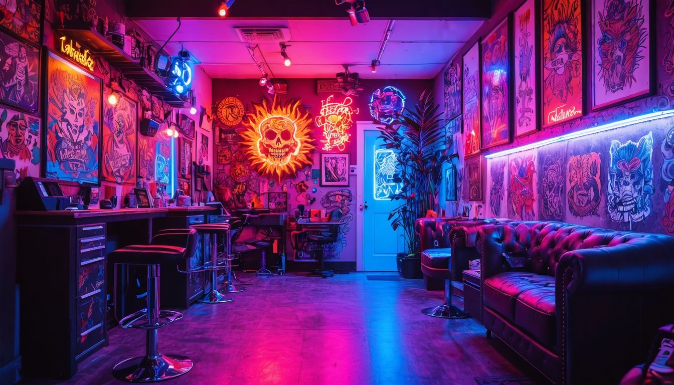 A tattoo studio with diverse and colorful artwork on display.