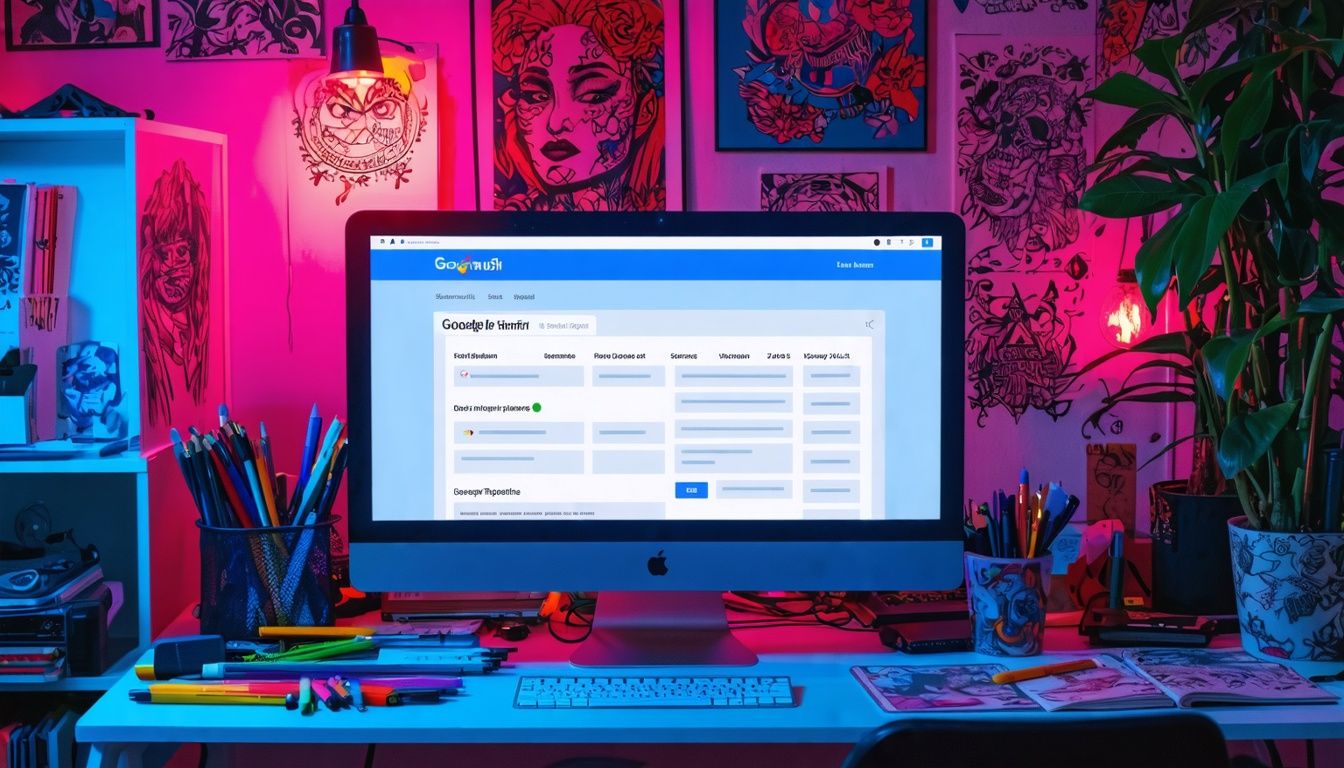 Cluttered desk with computer, tattoo designs, and markers.