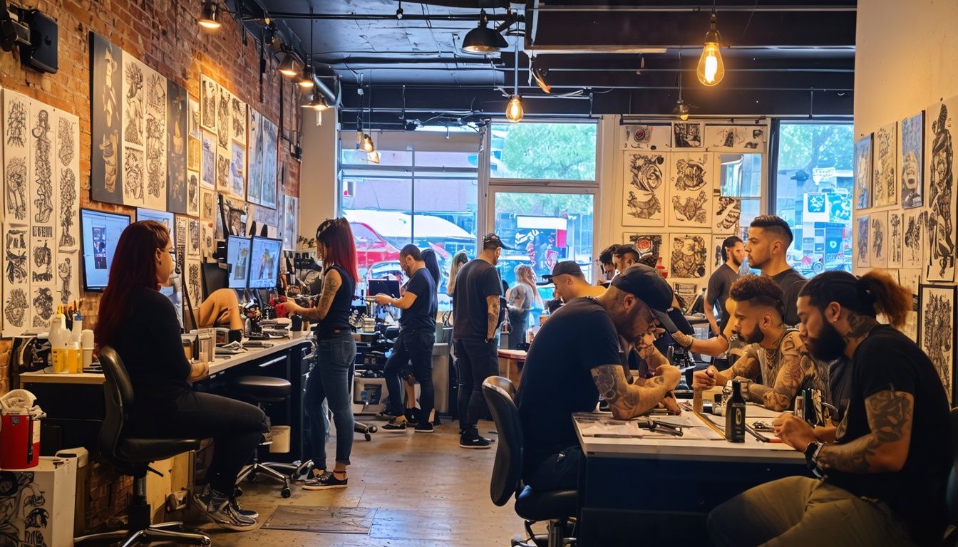 A bustling tattoo shop with diverse clients and trendy design inspirations.