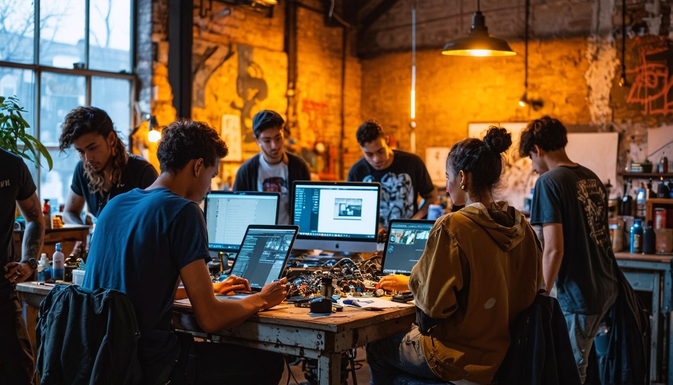 Group of young adults setting up a tattoo shop in urban warehouse.