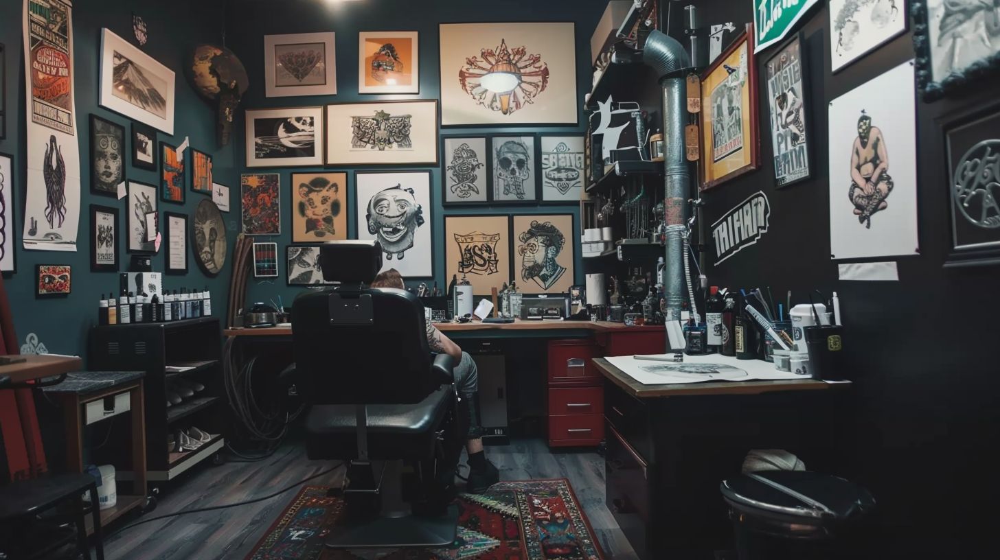 A cluttered tattoo studio with vintage chair and young artist sketching designs.
