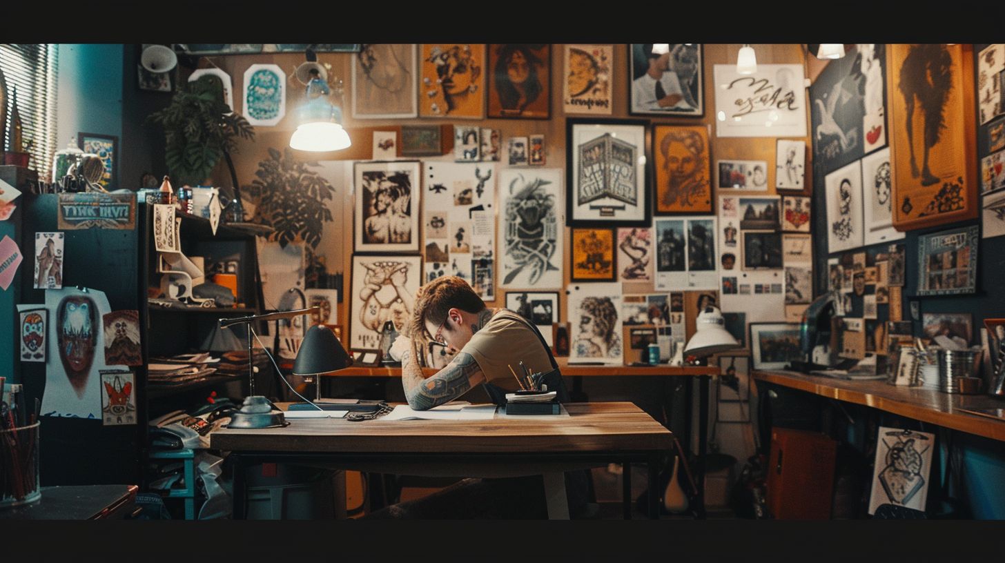 A tattoo artist in a private studio researches market trends.