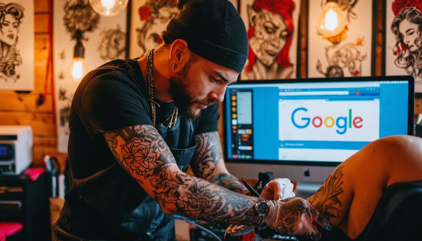 A tattoo artist creating unique design on client's arm in studio.