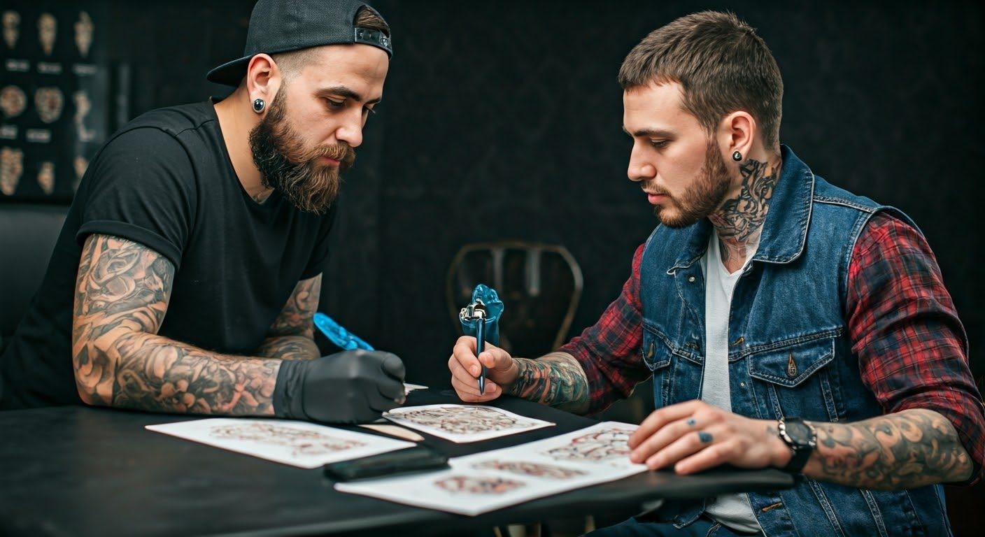 Tattoo artist consulting with client