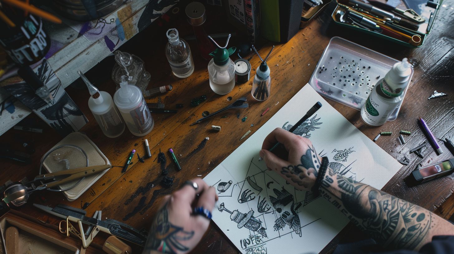 A tattoo artist carefully plans pricing for a detailed design.