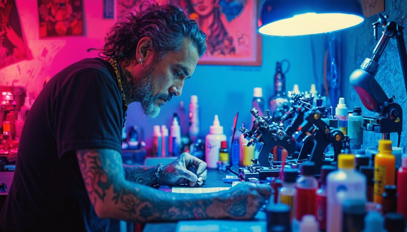 Experienced tattoo artist assessing equipment and complexity of art.