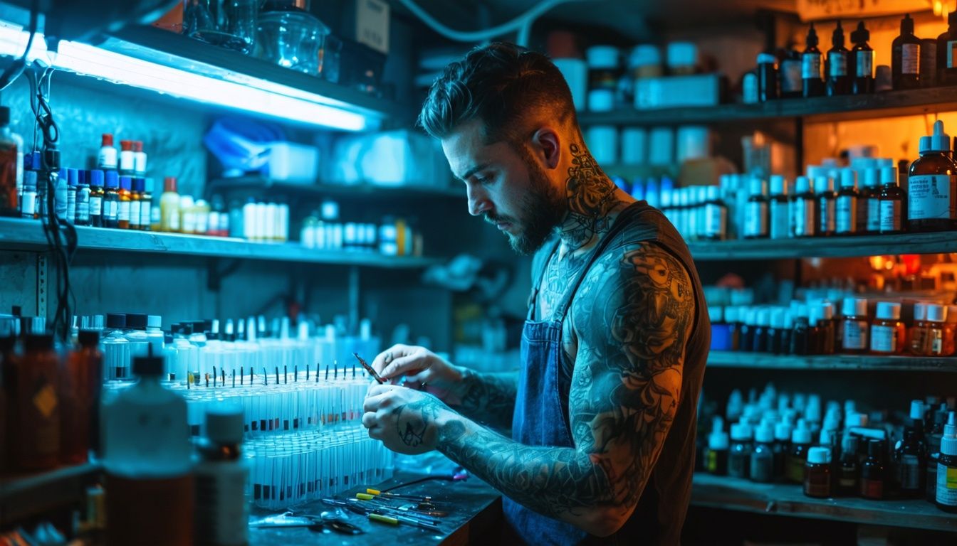 A tattoo artist selects needles and ink with focus and dedication.