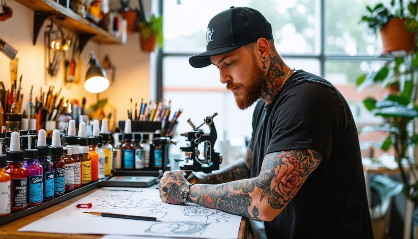 A tattoo artist confidently sets rates in their studio.