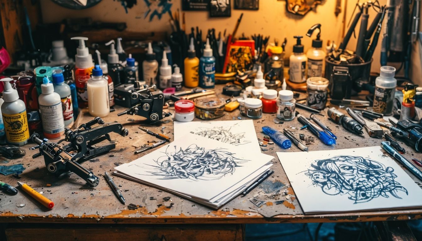 Cluttered tattoo artist's workspace with various machines, ink, and designs.
