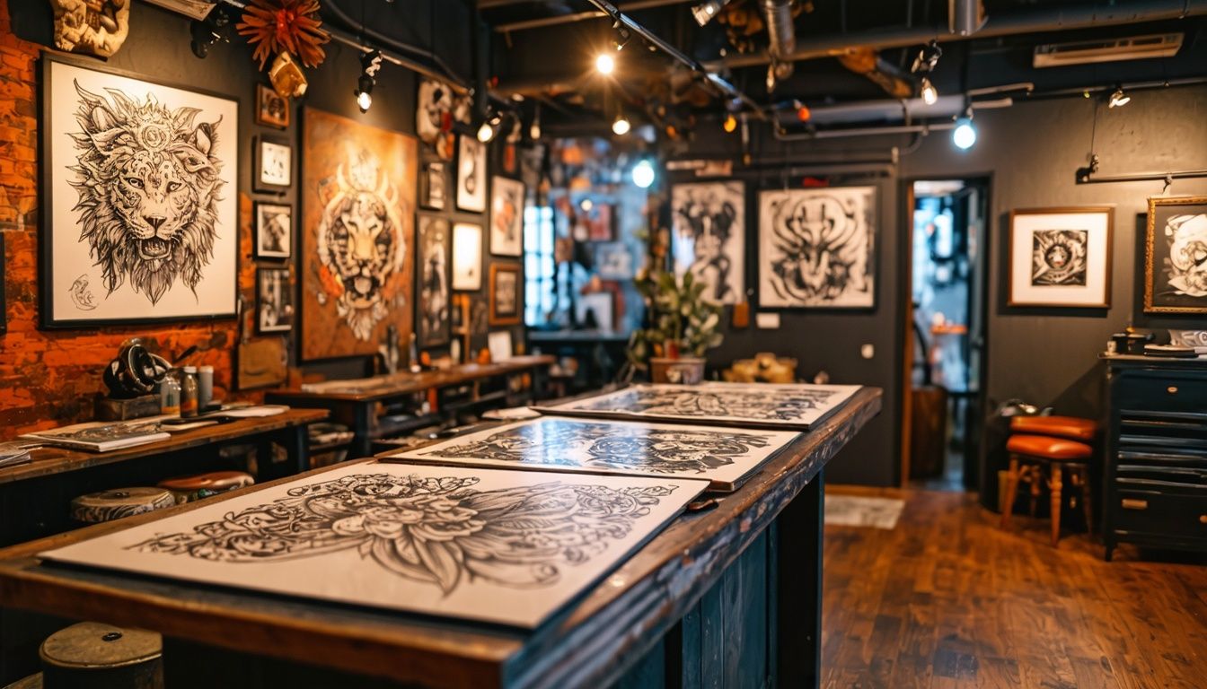 Experienced tattoo artist displaying intricate designs in bustling studio.