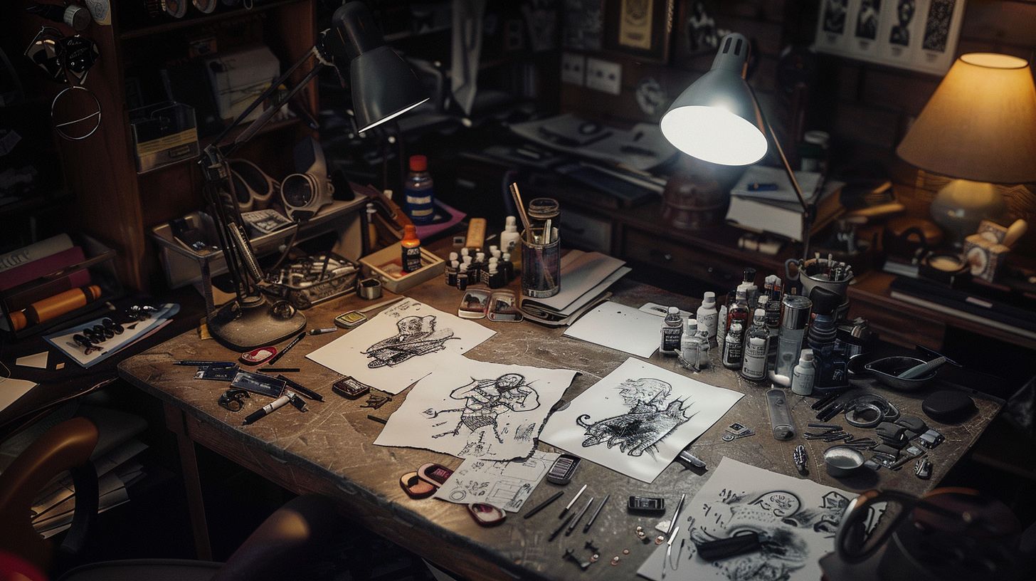 The cluttered interior of a tattoo studio with various equipment and designs.