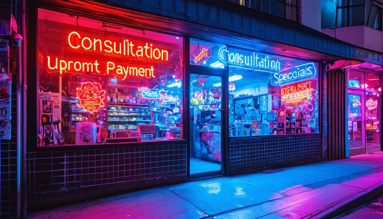 A tattoo shop storefront with neon pricing strategy signs.