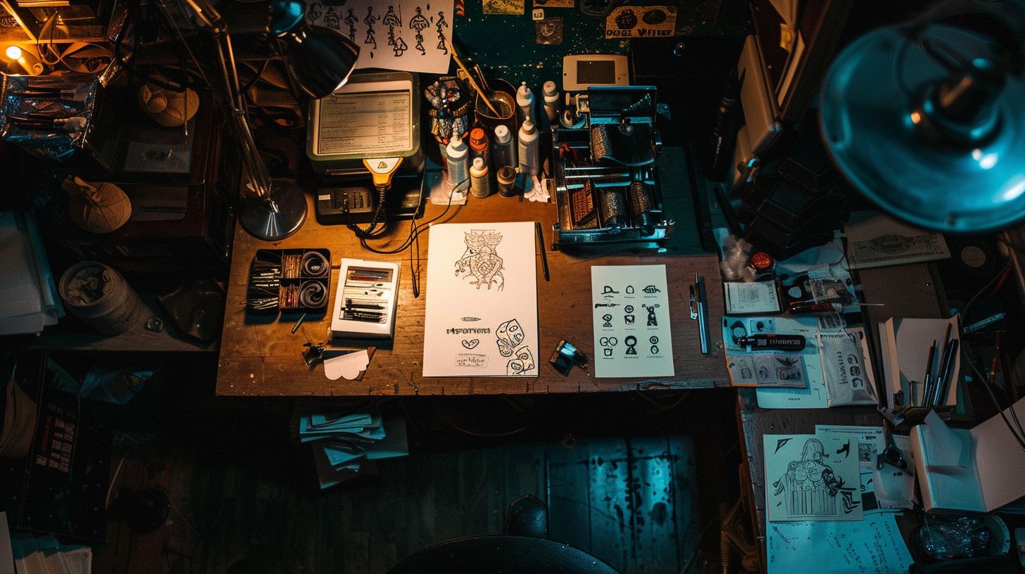 The cluttered interior of a tattoo studio with various equipment and designs.